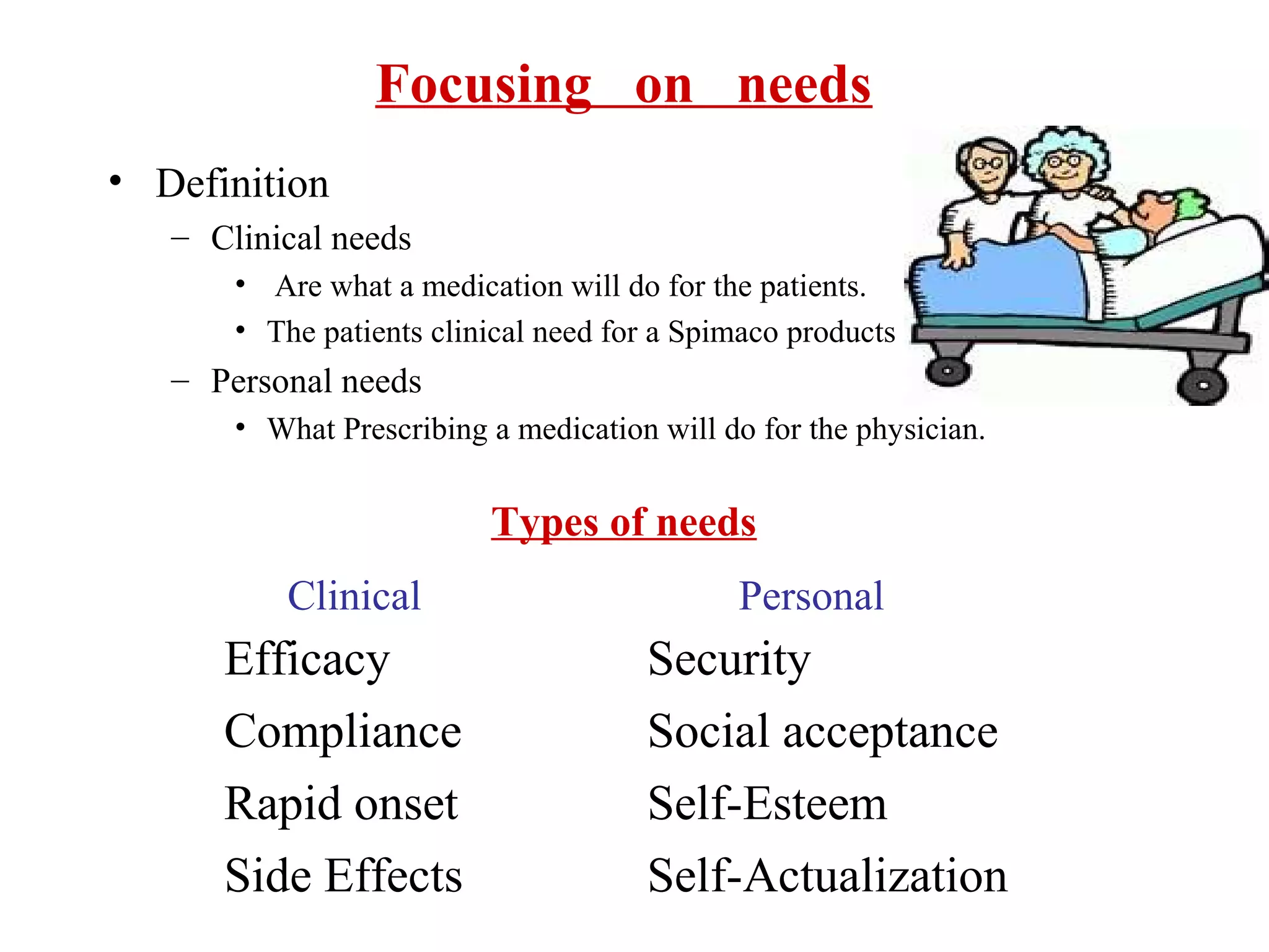 Focusing on needs
• Definition
– Clinical needs
• Are what a medication will do for the patients.
• The patients clinical need for a Spimaco products

– Personal needs
• What Prescribing a medication will do for the physician.

Types of needs
Clinical

Efficacy
Compliance
Rapid onset
Side Effects

Personal

Security
Social acceptance
Self-Esteem
Self-Actualization

 