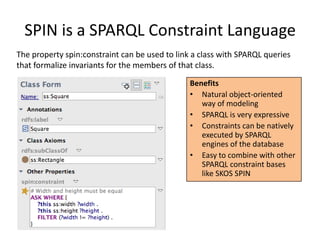 SPIN is a SPARQL Constraint Language<br />The property spin:constraint can be used to link a class with SPARQL queries tha...