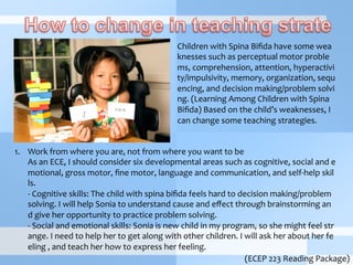 Children	
  with	
  Spina	
  Biﬁda	
  have	
  some	
  wea
knesses	
  such	
  as	
  perceptual	
  motor	
  proble
ms,	
  comprehension,	
  attention,	
  hyperactivi
ty/impulsivity,	
  memory,	
  organization,	
  sequ
encing,	
  and	
  decision	
  making/problem	
  solvi
ng.	
  (Learning	
  Among	
  Children	
  with	
  Spina	
  
Biﬁda)	
  Based	
  on	
  the	
  child’s	
  weaknesses,	
  I	
  
can	
  change	
  some	
  teaching	
  strategies.	
  
(ECEP	
  223	
  Reading	
  Package)
1.  Work	
  from	
  where	
  you	
  are,	
  not	
  from	
  where	
  you	
  want	
  to	
  be	
  
	
  As	
  an	
  ECE,	
  I	
  should	
  consider	
  six	
  developmental	
  areas	
  such	
  as	
  cognitive,	
  social	
  and	
  e
motional,	
  gross	
  motor,	
  ﬁne	
  motor,	
  language	
  and	
  communication,	
  and	
  self-­‐help	
  skil
ls.	
  	
  
	
  -­‐	
  Cognitive	
  skills:	
  The	
  child	
  with	
  spina	
  biﬁda	
  feels	
  hard	
  to	
  decision	
  making/problem	
  
solving.	
  I	
  will	
  help	
  Sonia	
  to	
  understand	
  cause	
  and	
  eﬀect	
  through	
  brainstorming	
  an
d	
  give	
  her	
  opportunity	
  to	
  practice	
  problem	
  solving.	
  
	
  -­‐	
  Social	
  and	
  emotional	
  skills:	
  Sonia	
  is	
  new	
  child	
  in	
  my	
  program,	
  so	
  she	
  might	
  feel	
  str
ange.	
  I	
  need	
  to	
  help	
  her	
  to	
  get	
  along	
  with	
  other	
  children.	
  I	
  will	
  ask	
  her	
  about	
  her	
  fe
eling	
  ,	
  and	
  teach	
  her	
  how	
  to	
  express	
  her	
  feeling.	
  
 