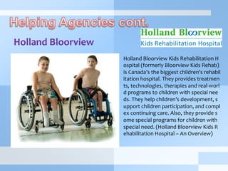 Holland	
  Bloorview	
  
	
   Holland	
  Bloorview	
  Kids	
  Rehabilitation	
  H
ospital	
  (formerly	
  Bloorview	
  Kids	
  Rehab)	
  
is	
  Canada’s	
  the	
  biggest	
  children’s	
  rehabil
itation	
  hospital.	
  They	
  provides	
  treatmen
ts,	
  technologies,	
  therapies	
  and	
  real-­‐worl
d	
  programs	
  to	
  children	
  with	
  special	
  nee
ds.	
  They	
  help	
  children’s	
  development,	
  s
upport	
  children	
  participation,	
  and	
  compl
ex	
  continuing	
  care.	
  Also,	
  they	
  provide	
  s
ome	
  special	
  programs	
  for	
  children	
  with	
  
special	
  need.	
  (Holland	
  Bloorview	
  Kids	
  R
ehabilitation	
  Hospital	
  –	
  An	
  Overview)	
  
	
  
 