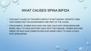 WHAT CAUSES SPINA BIFIDA
• THE EXACT CAUSE OF THIS BIRTH DEFECT IS NOT KNOWN. EXPERTS THINK
THAT GENES AND THE ENVIRONMENT ARE PART OF THE CAUSE.
• FOR EXAMPLE, WOMEN WHO HAVE HAD ONE CHILD WITH SPINA BIFIDA ARE
MORE LIKELY TO HAVE ANOTHER CHILD WITH THE DISEASE. WOMEN WHO ARE
OBESE OR WHO HAVE DIABETES ARE ALSO MORE LIKELY TO HAVE A CHILD
WITH SPINA BIFIDA.
 