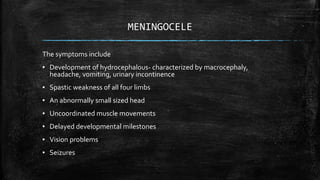 MENINGOCELE
The symptoms include
▪ Development of hydrocephalous- characterized by macrocephaly,
headache, vomiting, urinary incontinence
▪ Spastic weakness of all four limbs
▪ An abnormally small sized head
▪ Uncoordinated muscle movements
▪ Delayed developmental milestones
▪ Vision problems
▪ Seizures
 