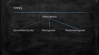 TYPES
SPINA BIFIDA
Spina Bifida Occulta Meningocele Myelomeningocele
 
