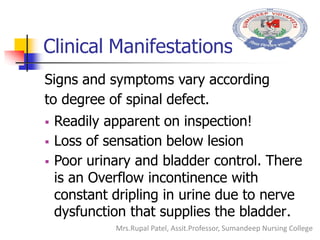 Clinical Manifestations
Signs and symptoms vary according
to degree of spinal defect.
 Readily apparent on inspection!
 Loss of sensation below lesion
 Poor urinary and bladder control. There
is an Overflow incontinence with
constant dripling in urine due to nerve
dysfunction that supplies the bladder.
Mrs.Rupal Patel, Assit.Professor, Sumandeep Nursing College
 