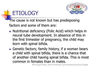 ETIOLOGY
The cause is not known but has predisposing
factors and some of them are:
 Nutritional deficiency (Folic Acid) which helps in
neural tube development. In absence of this in
the first trimester of pregnancy, the child may
born with spinal bifida.
 Genetic factors; family history, if a woman bears
a child with spinal bifida, there is a chance that
of another child having spinal bifida. This is most
common in females than in males.
Mrs.Rupal Patel, Assit.Professor, Sumandeep Nursing College
 
