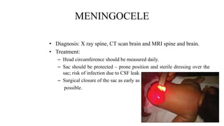 MENINGOCELE
• Diagnosis: X ray spine, CT scan brain and MRI spine and brain.
• Treatment:
– Head circumference should be measured daily.
– Sac should be protected – prone position and sterile dressing over the
sac; risk of infection due to CSF leak.
– Surgical closure of the sac as early as
possible.
 