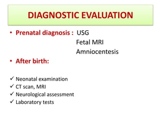 DIAGNOSTIC EVALUATION
• Prenatal diagnosis : USG
Fetal MRI
Amniocentesis
• After birth:
 Neonatal examination
 CT scan, MRI
 Neurological assessment
 Laboratory tests
 