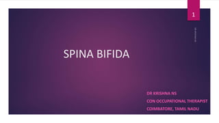 SPINA BIFIDA
DR KRISHNA NS
CON OCCUPATIONAL THERAPIST
COIMBATORE, TAMIL NADU
1
 