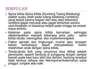 SIMPULAN
 Spina bifida Spina bifida (Sumbing Tulang Belakang)
adalah suatu celah pada tulang belakang (vertebra),
yang terjadi karena bagian dari satu atau beberapa
vertebra gagal menutup atau gagal terbentuk secara
utuh,Keadaan ini biasanya terjadi pada minggu ke empat
masa embrio.
 Kelainan pada spina bifida bervariasi, sehingga
dikelompokkan menjadi beberapa jenis yaitu : spina
bifida okulta, meningokel, dan myelomeningokel.
 Faktor genetik dan lingkungan (nutrisi atau terpapar
bahan berbahaya) dapat menyebabkan resiko
melahirkan anak dengan spina bifida.
 Tanda-tanda fisik yang umumnya bisa dilihat adalah
penonjolan seperti kantung di punggung tengah sampai
bawah pada bayi baru lahir jika disinari, kantung tersebut
tidak tembus cahaya dan kelumpuhan/kelemahan pada
pinggul, tungkai atau kaki.
 