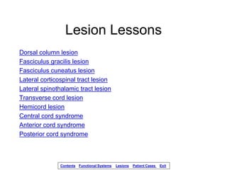 Lesion Lessons
Dorsal column lesion
Fasciculus gracilis lesion
Fasciculus cuneatus lesion
Lateral corticospinal tract lesi...