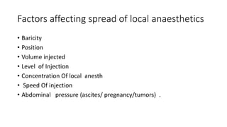 Factors affecting spread of local anaesthetics
• Baricity
• Position
• Volume injected
• Level of Injection
• Concentration Of local anesth
• Speed Of injection
• Abdominal pressure (ascites/ pregnancy/tumors) .
 