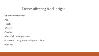 Factors affecting block height
Patient charateristics
-Age
-Height
-Weight
-Gender
-Intra abdominal pressure
-Anatomic configuration of spinal column
-Position
 