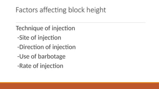 Factors affecting block height
Technique of injection
-Site of injection
-Direction of injection
-Use of barbotage
-Rate of injection
 