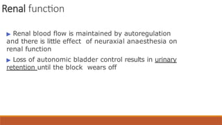 Renal function
▶ Renal blood flow is maintained by autoregulation
and there is little effect of neuraxial anaesthesia on
renal function
▶ Loss of autonomic bladder control results in urinary
retention until the block wears off
 