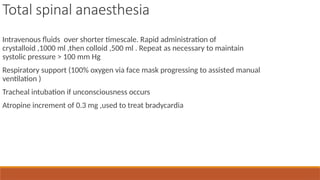 Total spinal anaesthesia
Intravenous fluids over shorter timescale. Rapid administration of
crystalloid ,1000 ml ,then colloid ,500 ml . Repeat as necessary to maintain
systolic pressure > 100 mm Hg
Respiratory support (100% oxygen via face mask progressing to assisted manual
ventilation )
Tracheal intubation if unconsciousness occurs
Atropine increment of 0.3 mg ,used to treat bradycardia
 