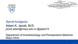©2019 MFMER | slide-1
Spinal Analgesia
Adam K. Jacob, M.D.
jacob.adam@mayo.edu or @ajake74
Department of Anesthesiology and Perioperative Medicine
Mayo Clinic
 