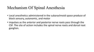 Mechanism Of Spinal Anesthesia
• Local anesthetics administered in the subarachnoid space produce of
block sensory, autonomic, and motor
• impulses as the anterior and posterior nerve roots pass through the
CSF. The site of action includes the spinal nerve roots and dorsal root
ganglion.
 