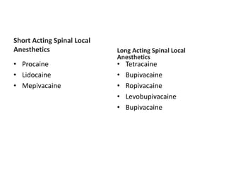 Short Acting Spinal Local
Anesthetics
• Procaine
• Lidocaine
• Mepivacaine
Long Acting Spinal Local
Anesthetics
• Tetracaine
• Bupivacaine
• Ropivacaine
• Levobupivacaine
• Bupivacaine
 