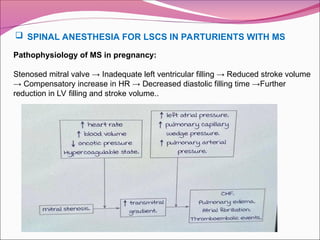 Pathophysiology of MS in pregnancy:
Stenosed mitral valve → Inadequate left ventricular filling → Reduced stroke volume
→ Compensatory increase in HR → Decreased diastolic filling time →Further
reduction in LV filling and stroke volume..
 SPINAL ANESTHESIA FOR LSCS IN PARTURIENTS WITH MS
 