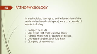 PATHOPHYSIOLOGY
In arachnoiditis, damage to and inflammation of the
arachnoid (subarachnoid space) leads to a cascade of
events, including:
o Collagen deposits.
o Scar tissue that encloses nerve roots.
o Fibrosis (thickening or scarring of tissue).
o Decreased cerebrospinal fluid flow.
o Clumping of nerve roots.
 