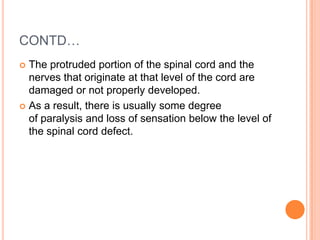 CONTD…
 The protruded portion of the spinal cord and the
nerves that originate at that level of the cord are
damaged or not properly developed.
 As a result, there is usually some degree
of paralysis and loss of sensation below the level of
the spinal cord defect.
 