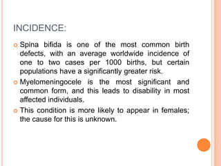 INCIDENCE:
 Spina bifida is one of the most common birth
defects, with an average worldwide incidence of
one to two cases per 1000 births, but certain
populations have a significantly greater risk.
 Myelomeningocele is the most significant and
common form, and this leads to disability in most
affected individuals.
 This condition is more likely to appear in females;
the cause for this is unknown.
 