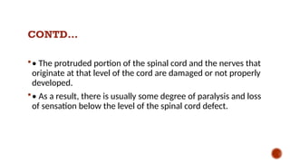 CONTD…
• The protruded portion of the spinal cord and the nerves that
originate at that level of the cord are damaged or not properly
developed.
• As a result, there is usually some degree of paralysis and loss
of sensation below the level of the spinal cord defect.
 