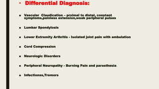 • Differential Diagnosis:
■ Vascular Claudication – prximal to distal, constant
symptoms,painless extension,weak peripheral pulses
■ Lumbar Spondylosis
■ Lower Extremity Arthritis - Isolated joint pain with ambulation
■ Cord Compression
■ Neurologic Disorders
■ Peripheral Neuropathy - Burning Pain and parasthesia
■ Infectionss,Tremors
 