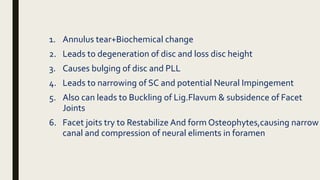 1. Annulus tear+Biochemical change
2. Leads to degeneration of disc and loss disc height
3. Causes bulging of disc and PLL
4. Leads to narrowing of SC and potential Neural Impingement
5. Also can leads to Buckling of Lig.Flavum & subsidence of Facet
Joints
6. Facet joits try to Restabilize And form Osteophytes,causing narrow
canal and compression of neural eliments in foramen
 