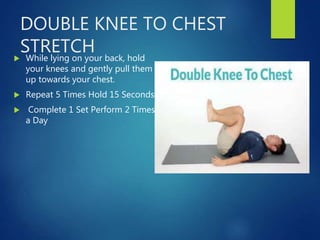 DOUBLE KNEE TO CHEST
STRETCH
 While lying on your back, hold
your knees and gently pull them
up towards your chest.
 Repeat 5 Times Hold 15 Seconds
 Complete 1 Set Perform 2 Times
a Day
 