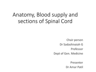 Anatomy, Blood supply and
sections of Spinal Cord
Chair person
Dr Sadashivaiah G
Professor
Dept of Gen. Medicine
Presenter
Dr Amar Patil
 