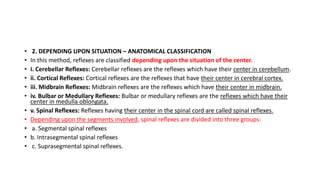 • 2. DEPENDING UPON SITUATION – ANATOMICAL CLASSIFICATION
• In this method, reflexes are classified depending upon the situation of the center.
• i. Cerebellar Reflexes: Cerebellar reflexes are the reflexes which have their center in cerebellum.
• ii. Cortical Reflexes: Cortical reflexes are the reflexes that have their center in cerebral cortex.
• iii. Midbrain Reflexes: Midbrain reflexes are the reflexes which have their center in midbrain.
• iv. Bulbar or Medullary Reflexes: Bulbar or medullary reflexes are the reflexes which have their
center in medulla oblongata.
• v. Spinal Reflexes: Reflexes having their center in the spinal cord are called spinal reflexes.
• Depending upon the segments involved, spinal reflexes are divided into three groups:
• a. Segmental spinal reflexes
• b. Intrasegmental spinal reflexes
• c. Suprasegmental spinal reflexes.
 
