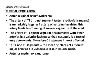 BLOOD SUPPLY Contd
CLINICAL CORELATION:
• Anterior spinal artery syndrome:
• The artery of T11 spinal segment (arteria radicularis magna)
is remarkably large. A fracture of vertebra involving this
artery leeds to softening of several segments of the cord
• The artery of T1 spinal segment anastamoses with other
arteries in a valvular fashion so that its supply is directed
only downwards. Therefore C8 segment is most affected.
• T1,T4 and L1 segments -- the meeting places of different
major arteries are vulnerable to ischemic necrosis.
• Anterior medullary syndrome.
32
 
