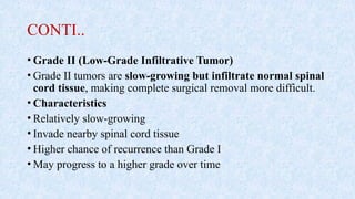 CONTI..
• Grade II (Low-Grade Infiltrative Tumor)
• Grade II tumors are slow-growing but infiltrate normal spinal
cord tissue, making complete surgical removal more difficult.
• Characteristics
• Relatively slow-growing
• Invade nearby spinal cord tissue
• Higher chance of recurrence than Grade I
• May progress to a higher grade over time
 