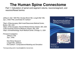 Spinal Cord Map v1.0, slide 1. 5/29/2016. Copyright © 2010 Dr. Jeffrey E. Arle, Lahey Clinic. All rights reserved.
Jeffrey E. Arle1,2 MD PhD, Nicolae Iftimia3 BS, Longzhi Mei1 MS,
Jay L. Shils4 PhD, and Kristen W. Carlson1*
1Dept. of Neurosurgery, Beth Israel Deaconess Medical Center,
Boston, MA, USA
2Dept. of Neurosurgery, Harvard Medical School, Boston, MA, USA
3Tufts University School of Medicine, Boston, MA, USA
4Dept. of Anesthesiology, Rush Medical Center, Chicago, IL, USA
Principal Investigators
Jeffrey E. Arle
Jay L. Shils
Nick Iftimia Research
Longzhi Mei, Software
Kris Carlson*, Computational Modeling and Simulation
*Corresponding author: kwcarlso@bidmc.harvard.edu
The Human Spine Connectome
Part 1: Calculation of spinal cord segment volume, neurons/segment, and
neurons/Rexed lamina
 