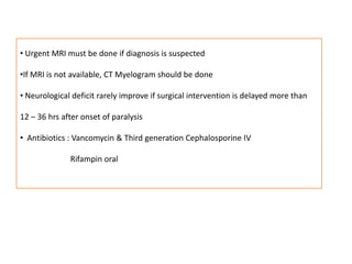 Urgent MRI must be done if diagnosis is suspected