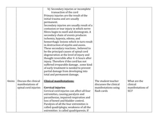 b) Secondary injuries or incomplete
transaction of the cord
Primary injuries are the result of the
initial trauma and are usually
permanent.
Secondary injuries are usually result of a
contusion or tear injury in which nerve
fibres begin to swell and disintegrate. A
secondary chain of events produces
ischemia, hypoxia, edema, and
hemorrhagic lesions which in turn result
in destruction of myelin and axons.
These secondary reactions , believed to
be the principal causes of spinal cord
degeneration at the level of injury and
thought reversible after 4 -6 hours after
injury. Therefore if the cord has not
suffered irreparable damage , some kind
of early treatment is needed to prevent
partial damage from developing into
total and permanent damage.
4mins

Discuss the clinical
manifestations of
spinal cord injuries

Clinical manifestations:
Cervical injuries:
Cervical cord injuries can affect all four
extremities, causing paralysis and
parasthesias, impaired respiration and
loss of bowel and bladder control.
Paralysis of all the four extremities is
called quadriplegia; weakness of all the
extremities is called quadriparesis. If

The student teacher
discusses the clinical
manifestations using
flash cards

What are the
clinical
manifestations of
SCI?

 