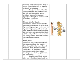 the injury is at C3 or above, the injury is
usually fatal because muscles used for
breathing are paralysed.
An injury at the fourth or fifth
cervical vertebrae will affect breathing
and may necessitate some type of
ventilator support. These clients
typically need long term assistance with
activities of daily living.
Thoracic/lumber injuries
Thoracic and lumber injuries affect the
legs, bowel and bladder. Paralysis of the
legs is called paraplegia; weakness of the
legs is called paraparesis. Sacral injuries
affect the bowel and bladder continence
and may affect foot function. Individuals
with thoracic, lumbar and sacral injuries
can usually learn to perform activities of
daily living independently.
Spinal shock
Spinal cord injury has profound effect
on the autonomic nervous system.
Immediately following injury the cord
below the injury stops functioning
completely. This causes a disruption of
the sympathetic nervous system,
resulting in vasodilation, hypotension,
and bradycardia.
Dilation of the blood vessels
allow more blood flow just beneath the

 