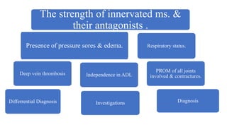 The strength of innervated ms. &
their antagonists .
Presence of pressure sores & edema.
Deep vein thrombosis Independence in ADL
Respiratory status.
PROM of all joints
involved & contractures.
Differrential Diagnosis Investigations Diagnosis
 