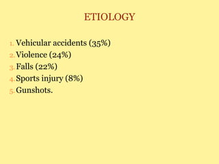 ETIOLOGY
1. Vehicular accidents (35%)
2.Violence (24%)
3.Falls (22%)
4.Sports injury (8%)
5.Gunshots.
 