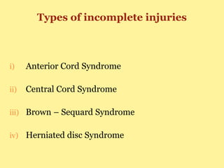 Types of incomplete injuries
i) Anterior Cord Syndrome
ii) Central Cord Syndrome
iii) Brown – Sequard Syndrome
iv) Herniated disc Syndrome
 