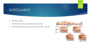 INTEGUMENT
 Braden Scale
 Spinal Cord injury pressure Ulcer scale
 Spinal Cord injury pressure ulcer scale - Acute
22
 