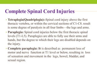 Complete Spinal Cord Injuries
• Tetraplegia(Quadriplegia):-Spinal cord injury above the first
thoracic vertebra, or within the cervical sections of C1-C8. result
is some degree of paralysis in all four limbs—the legs and arms.
• Paraplegia: Spinal cord injuries below the first thoracic spinal
levels (T1-L5). Paraplegics are able to fully use their arms and
hands, but the degree to which their legs are disabled depends on
the injury.
• Complete paraplegia: It is described as permanent loss of
motor and nerve function at T1 level or below, resulting in loss
of sensation and movement in the legs, bowel, bladder, and
sexual region.
 