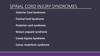 POSTERIOR CORDSYNDROME
•Rare
•Loss of proprioception and vibration
•Good prognosis
•Penetrating back trauma or
hyperextens...