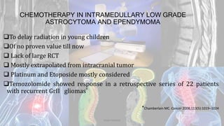 CHEMOTHERAPY IN INTRAMEDULLARY LOW GRADE
ASTROCYTOMA AND EPENDYMOMA
To delay radiation in young children
Of no proven value till now
 Lack of large RCT
 Mostly extrapolated from intracranial tumor
 Platinum and Etoposide mostly considered
Temozolomide showed response in a retrospective series of 22 patients
with recurrent GrII gliomas*
*Chamberlain MC. Cancer 2008;113(5):1019–1024
Dodul Mondal
 