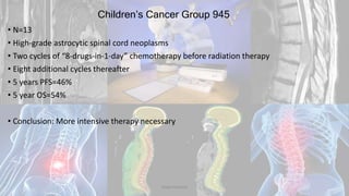 Children’s Cancer Group 945
• N=13
• High-grade astrocytic spinal cord neoplasms
• Two cycles of “8-drugs-in-1-day” chemotherapy before radiation therapy
• Eight additional cycles thereafter
• 5 years PFS=46%
• 5 year OS=54%
• Conclusion: More intensive therapy necessary
Dodul Mondal
 