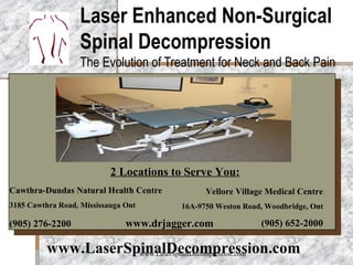 Laser Enhanced Non-Surgical Spinal Decompression The Evolution of Treatment for Neck and Back Pain Insert Product Photograph Here  Cawthra-Dundas Natural Health Centre 3185 Cawthra Road, Mississauga Ont (905) 276-2200  www.drjagger.com Vellore Village Medical Centre 16A-9750 Weston Road, Woodbridge, Ont (905) 652-2000 2 Locations to Serve You: www.LaserSpinalDecompression.com www.LaserSpinalDecompression.com 