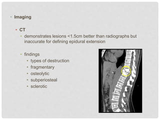 • Imaging
• CT
• demonstrates lesions <1.5cm better than radiographs but
inaccurate for defining epidural extension
• findings
• types of destruction
• fragmentary
• osteolytic
• subperiosteal
• sclerotic
 