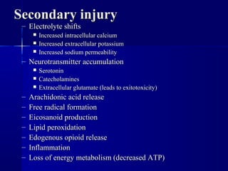 SSeeccoonnddaarryy iinnjjuurryy 
– EElleeccttrroollyyttee sshhiiffttss 
 IInnccrreeaasseedd iinnttrraacceelllluullaarr ccaallcciiuumm 
 IInnccrreeaasseedd eexxttrraacceelllluullaarr ppoottaassssiiuumm 
 IInnccrreeaasseedd ssooddiiuumm ppeerrmmeeaabbiilliittyy 
– NNeeuurroottrraannssmmiitttteerr aaccccuummuullaattiioonn 
 SSeerroottoonniinn 
 CCaatteecchhoollaammiinneess 
 EExxttrraacceelllluullaarr gglluuttaammaattee ((lleeaaddss ttoo eexxiittoottooxxiicciittyy)) 
– AArraacchhiiddoonniicc aacciidd rreelleeaassee 
– FFrreeee rraaddiiccaall ffoorrmmaattiioonn 
– EEiiccoossaannooiidd pprroodduuccttiioonn 
– LLiippiidd ppeerrooxxiiddaattiioonn 
– EEddooggeennoouuss ooppiiooiidd rreelleeaassee 
– IInnffllaammmmaattiioonn 
– LLoossss ooff eenneerrggyy mmeettaabboolliissmm ((ddeeccrreeaasseedd AATTPP)) 
 
