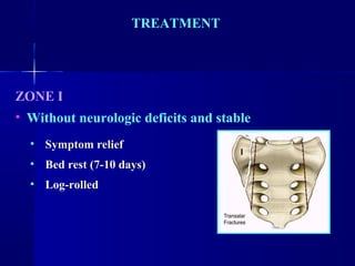TREATMENT 
ZONE I 
• Without neurologic deficits and stable 
• Symptom relief 
• Bed rest (7-10 days) 
• Log-rolled 
 